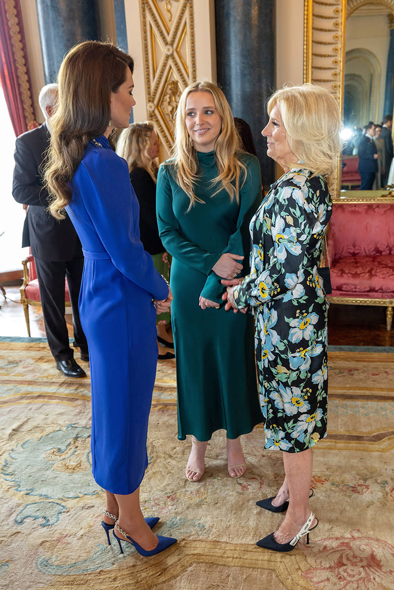 blue self-portrait dress and blue aquazzura love link pumps, LONDON- UK- 5th May 2023. HM King Charles III accompanied by other members of the royal family hosts a reception at Buckingham Palace for the Heads of State and other visiting dignitaries who are due to attend tomorrows Coronation. 05 May 2023 Pictured: Catherine Princess of Wales with Jill Biden and Finnegan Biden. Photo credit: Ian Jones / KCS / MEGA TheMegaAgency.com +1 888 505 6342 (Mega Agency TagID: MEGA977153_009.jpg) [Photo via Mega Agency]