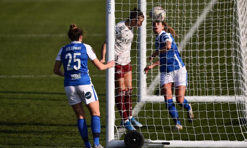 Caitlin Foord scores Arsenal’s first goal with a header on the goalline in the 4-0 win over Birmingham.