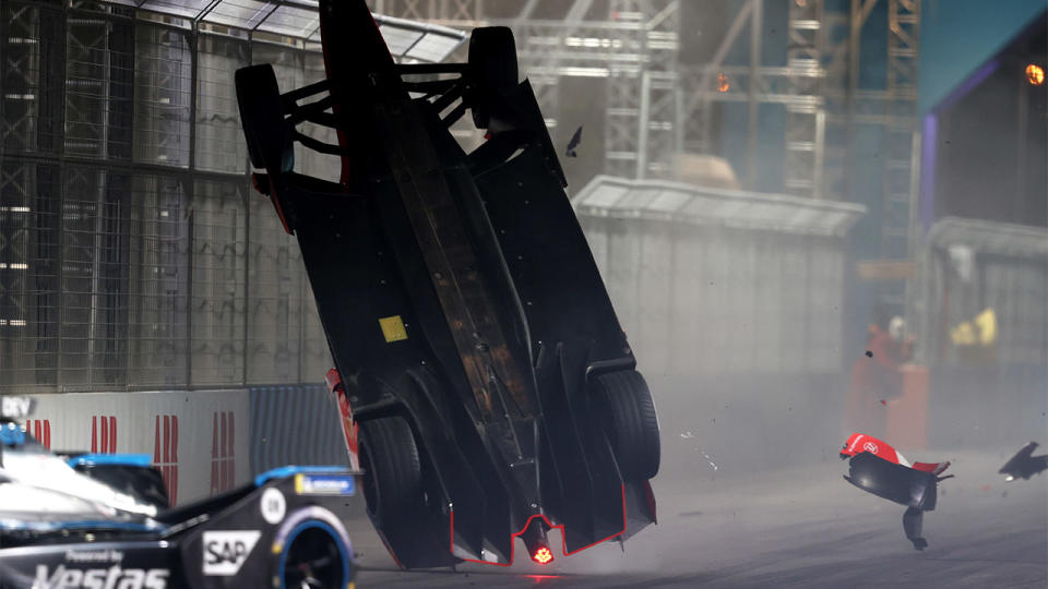 Formula E driver Alex Lynn's car (pictured) flipping after a crash.