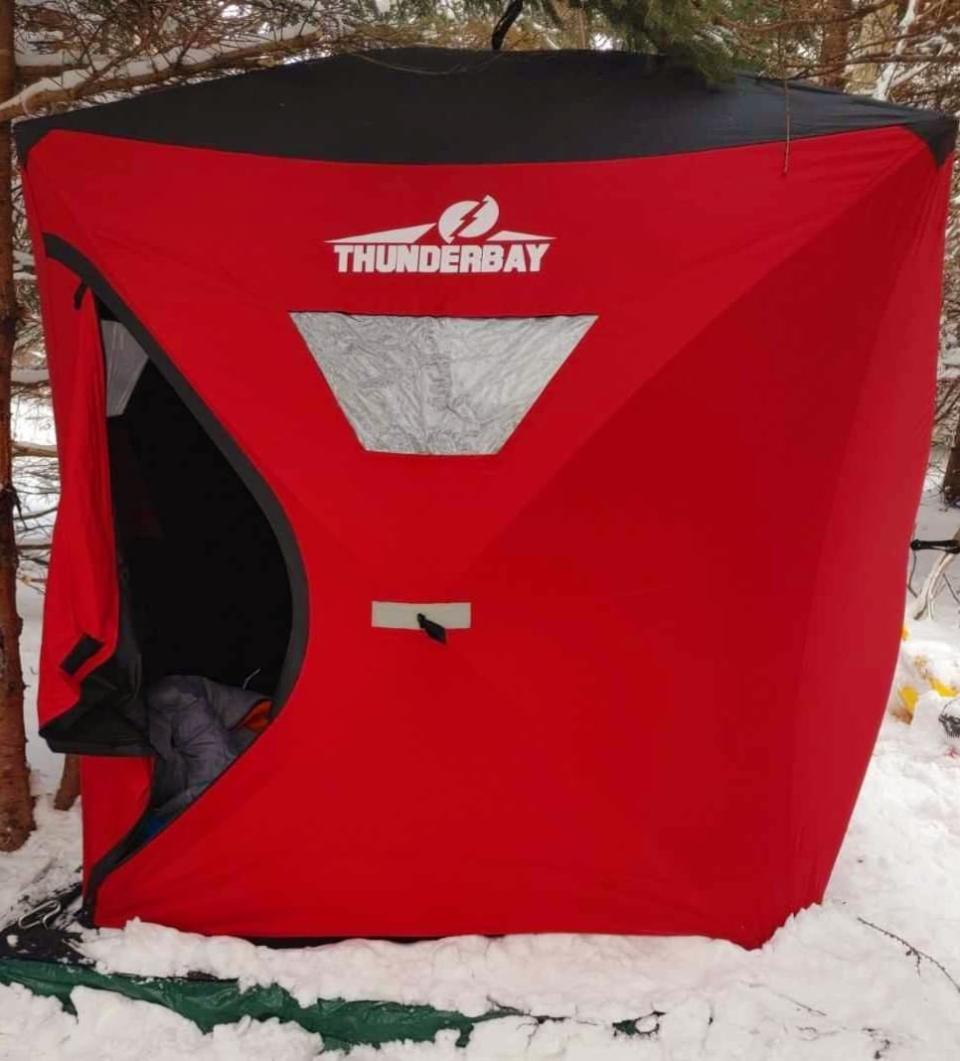 The tents, designed for ice fishing, are insulated but have no floor, and so require a platform or tarp underneath.