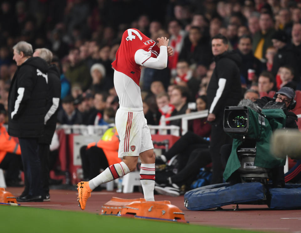 LONDON, ENGLAND - OCTOBER 27: Arsenal captain Granit Xhaka walks off the pitch after his substitution the Premier League match between Arsenal FC and Crystal Palace at Emirates Stadium on October 27, 2019 in London, United Kingdom. (Photo by Stuart MacFarlane/Arsenal FC via Getty Images)