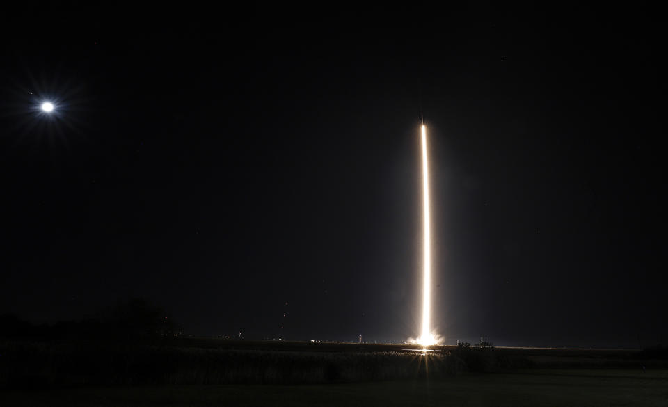 Northrup Grumman's Antares rocket lifts off the launch pad at the NASA Wallops test flight facility Friday, Oct. 2, 2020, in Wallops Island, Va. The rocket will deliver supplies to the International Space Station. (Thom Baur/Northrup Grumman via AP )