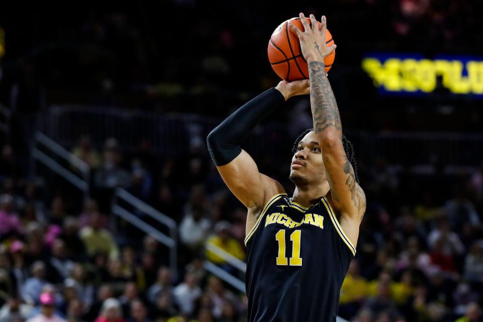 Michigan guard Isaiah Barnes (11) makes a jump shot against Purdue during the first half at Crisler Center in Ann Arbor on Thursday, Jan. 26, 2023.