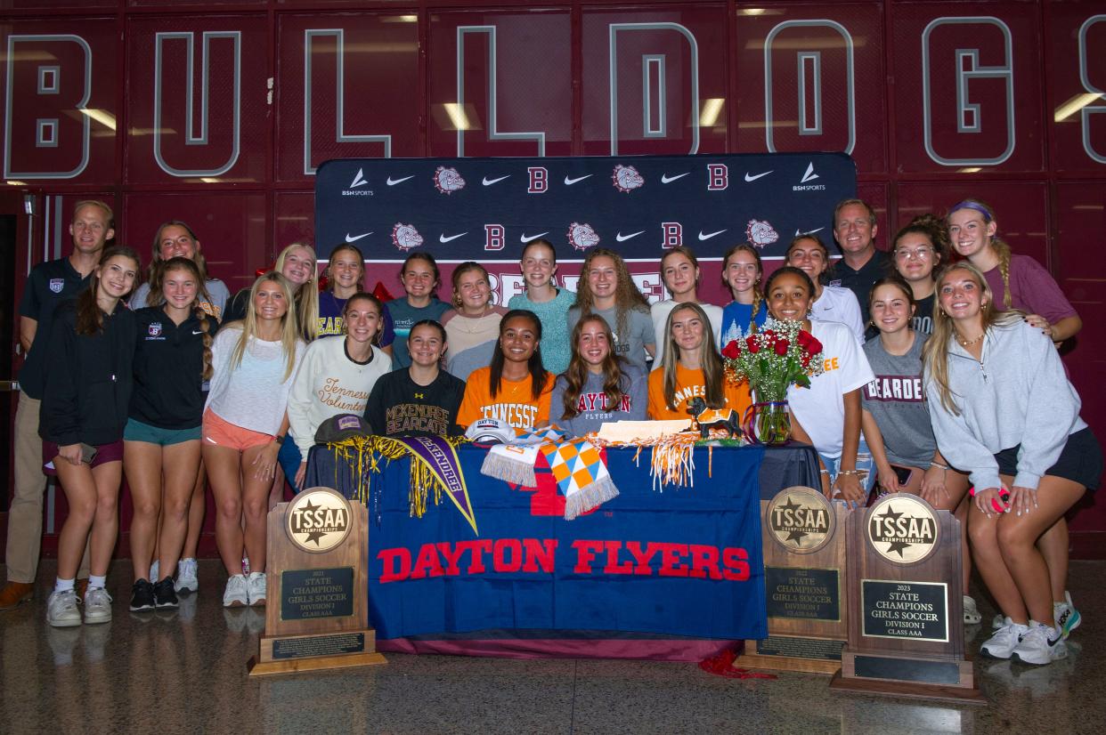 The Bearden girls soccer team and coaches pose for a picture at Bearden High School during a National Signing Day event Nov. 8, 2023.