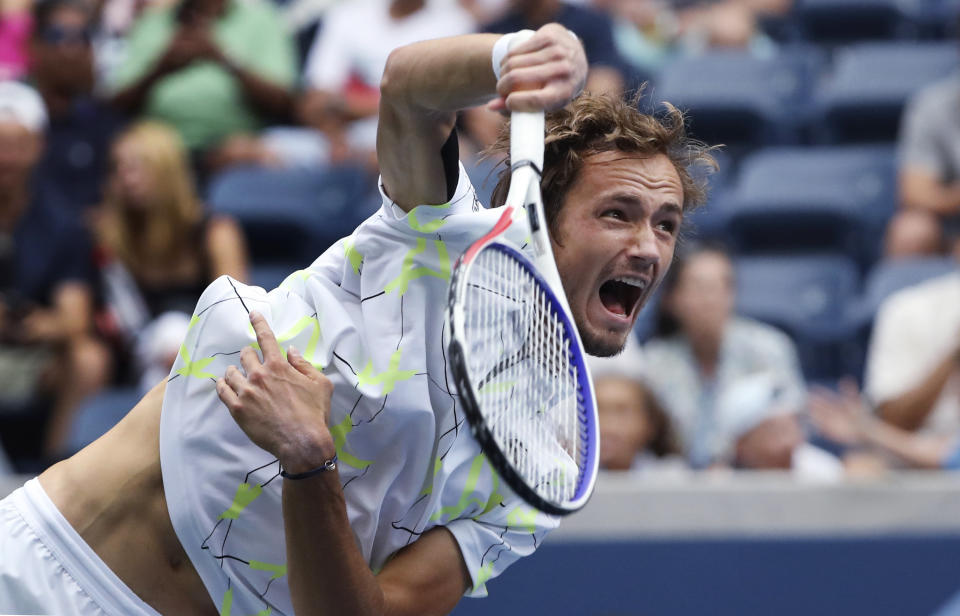 Daniil Medvedev, of Russia, serves to Dominik Koepfer, of Germany, during the fourth round of the US Open tennis championships Sunday, Sept. 1, 2019, in New York. (AP Photo/Kevin Hagen)