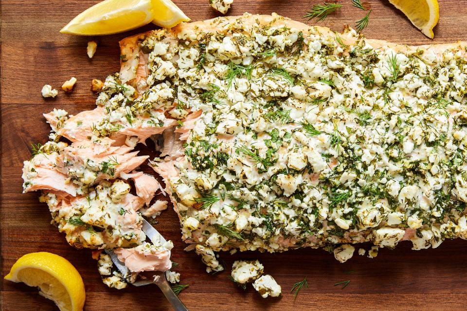 feta and herb crusted salmon with lemons