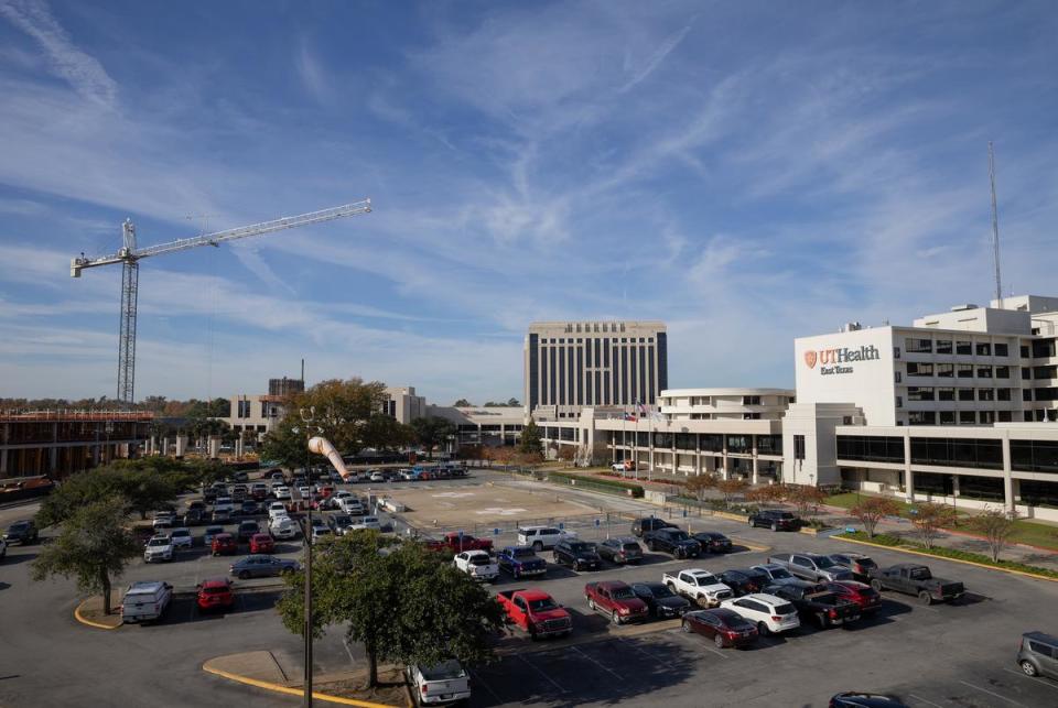 The UT Tyler School of Medicine is seen under construction next to UT Tyler Health East Texas’ main hospital.