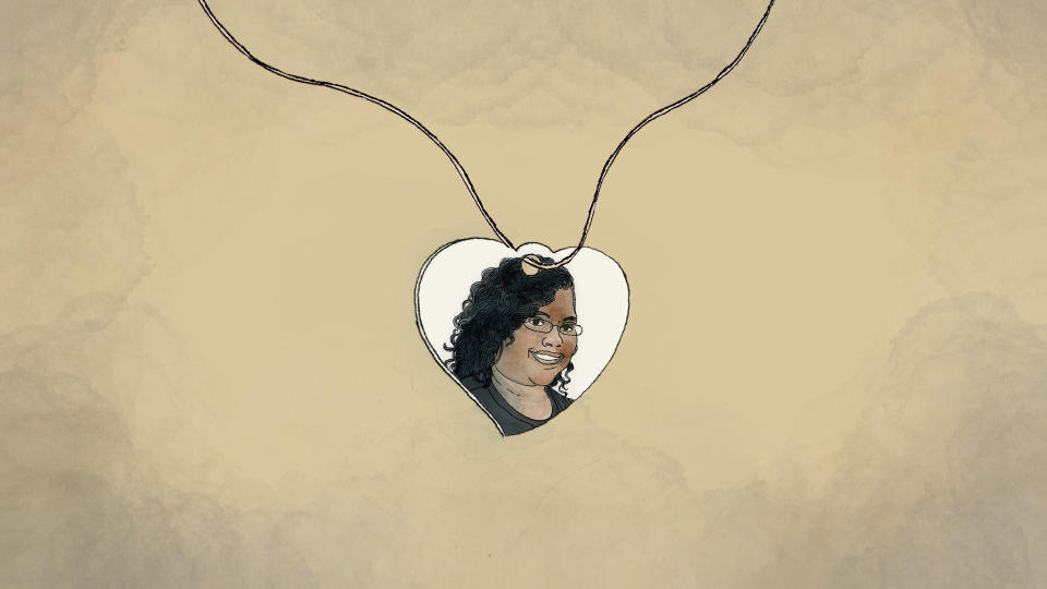 An illustration made from a photo of a pendant with Saferia Johnson's portrait provided by Tressa Clements. (AP Illustration/Peter Hamlin)