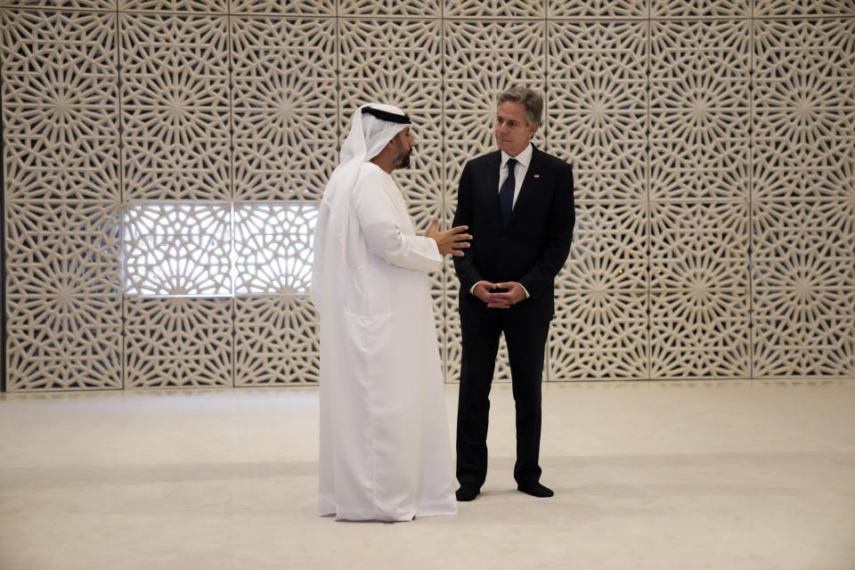 U.S. Secretary of State Antony Blinken tours the Imam Al-Tayeb Mosque at the Abrahamic Family House, in Abu Dhabi, United Arab Emirates, Saturday Oct. 14, 2023. (AP Photo/Jacquelyn Martin, Pool)