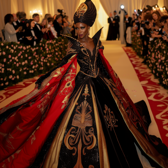 Person in a lavish gown with ornate headpiece on red carpet, surrounded by onlookers