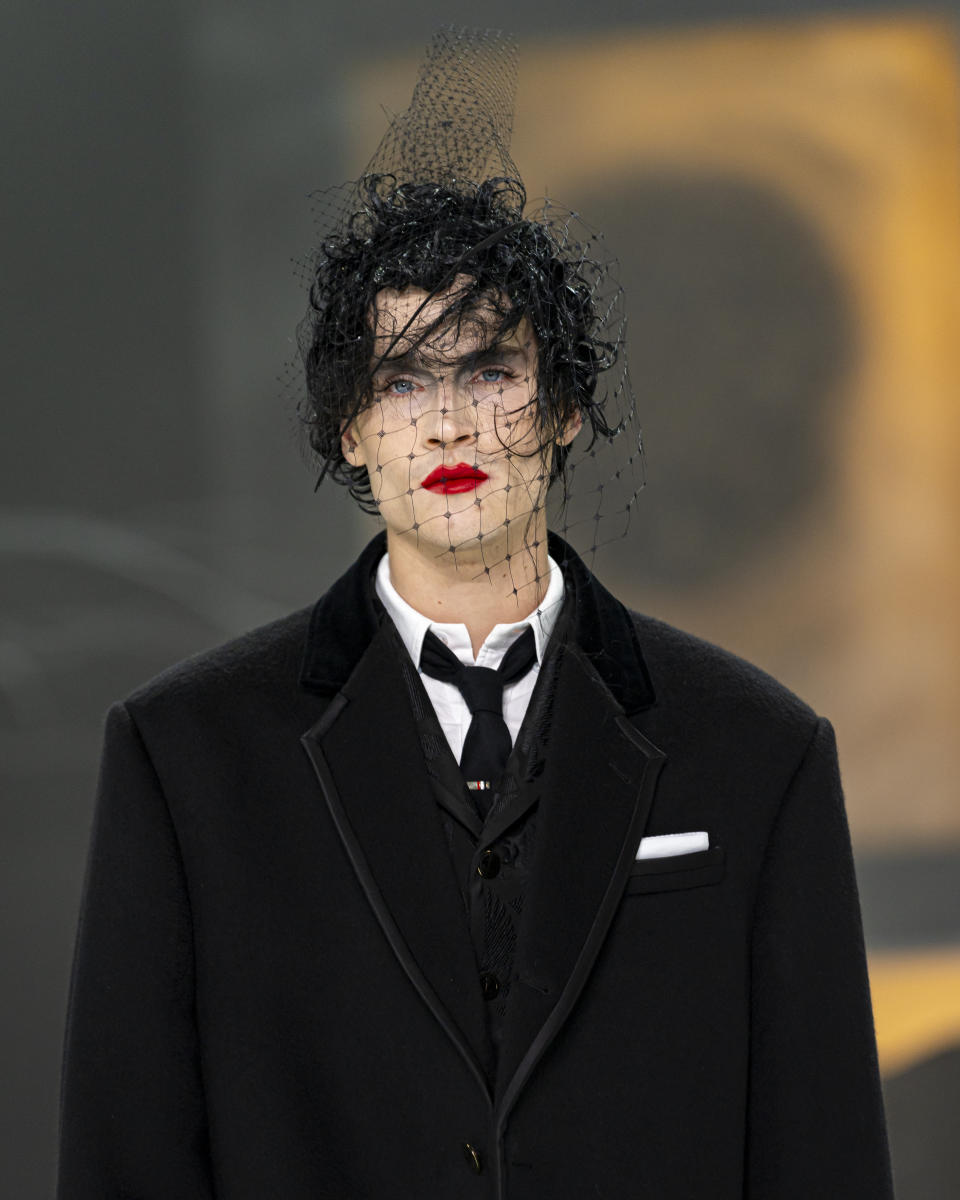 A model walks the runway during the Thom Browne fall/winter 2024 fashion show during New York Fashion Week, Wednesday, Feb. 14, 2024, in New York. (AP Photo/Peter K. Afriyie)