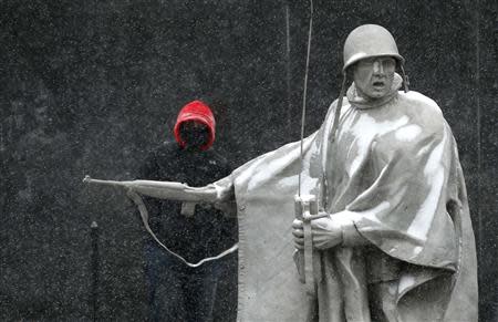 A tourist is bundled as he tours the Korean War Veterans Memorial during a snowstorm in Washington January 21, 2014. REUTERS/Kevin Lamarque