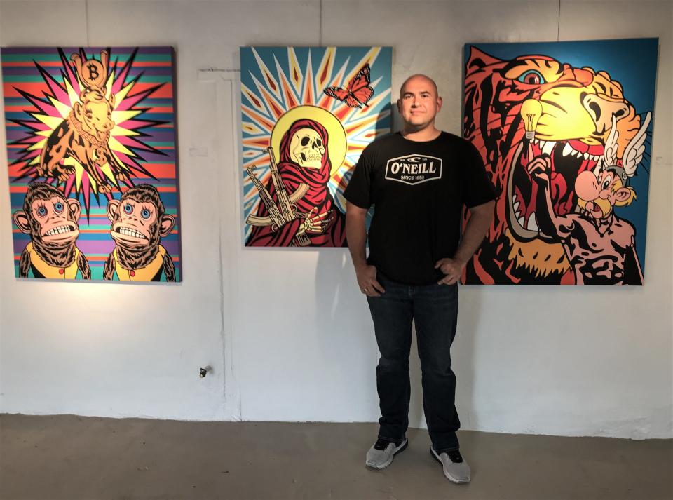 El Paso artist Juan Ornelas' "Chuco Pop" captures the border culture through pop art. He is shown at Galeria Lincoln.