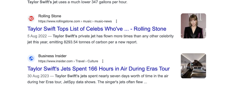 The Google results for 'Taylor Swift' jets. Photo: Google 