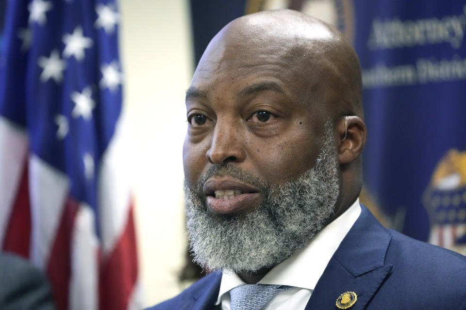 Jermicha Fomby, special agent in charge of the FBI Jackson field office, speaks to reporters about an investigation into six white former law enforcement officers in Mississippi, in Jackson, Miss., Thursday, Aug. 3, 2023. The six former officers who called themselves the “Goon Squad” pleaded guilty to a racist assault on two Black men in a home raid that ended with an officer shooting one man in the mouth. (AP Photo/Rogelio V. Solis)