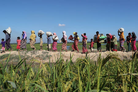 Rohingya refugees walk towards a refugee camp after crossing the border in Anjuman Para near Cox's Bazar, Bangladesh, November 19, 2017. REUTERS/Mohammad Ponir Hossain