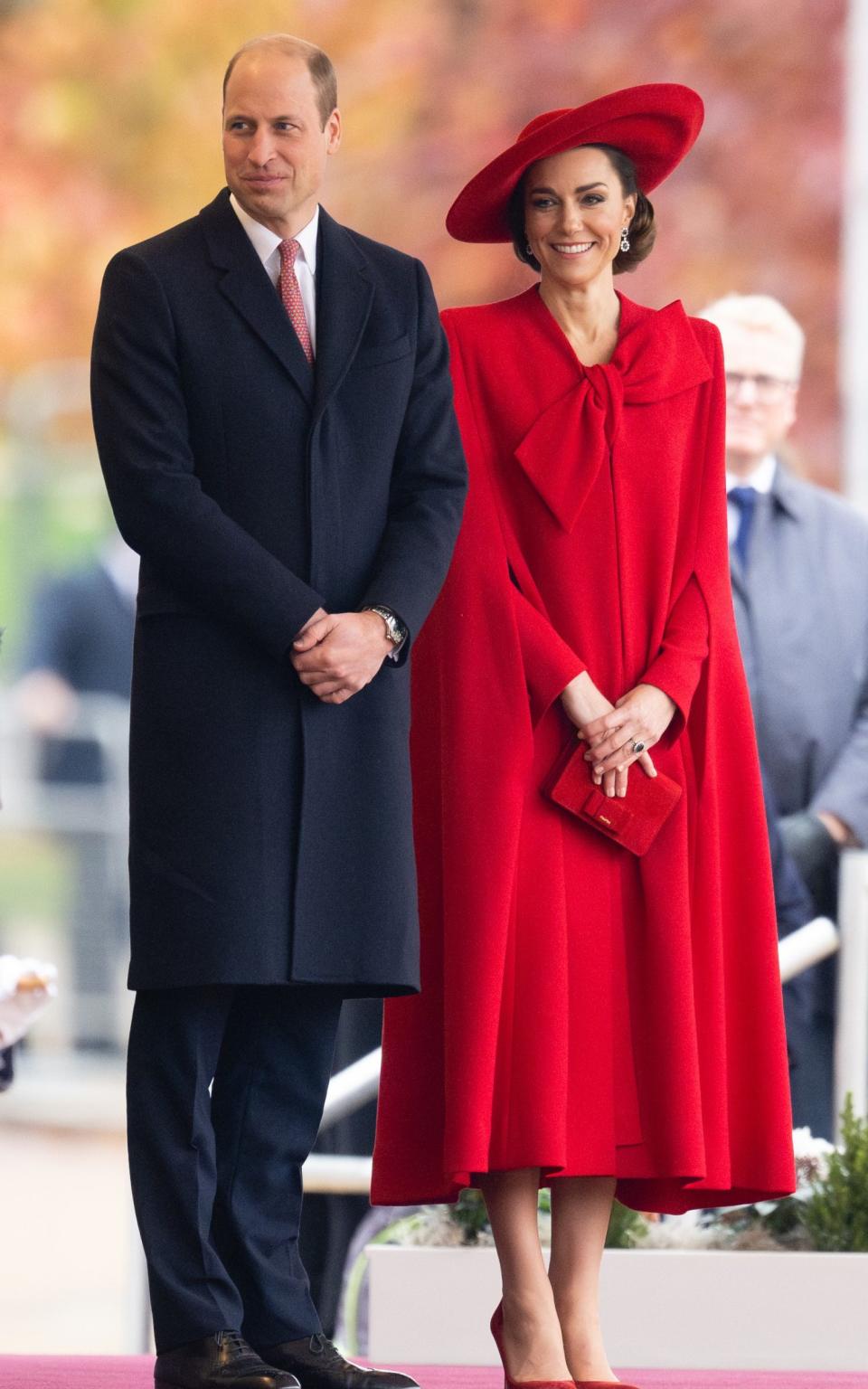 Catherine, Princess of Wales attends a ceremonial welcome for the President and First Lady of the Republic of Korea during the Horse Guards Parade on November 21, 2023 in London, England