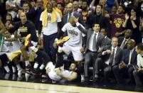 May 23, 2017; Cleveland, OH, USA; Cleveland Cavaliers forward Kevin Love (0) falls near the bench in the fourth quarter against the Boston Celtics in game four of the Eastern conference finals of the NBA Playoffs at Quicken Loans Arena. Mandatory Credit: David Richard-USA TODAY Sports