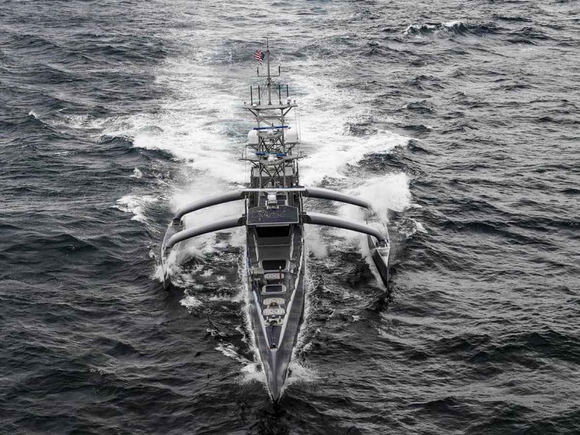 The U.S. navy is currently testing this fully autonomous drone boat, called Sea Hawk. The vessel is about 39 metres long and was built by the company Leidos.  (Leidos - image credit)