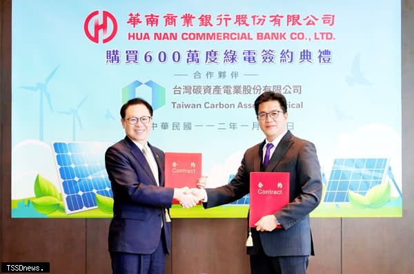 華南銀行向台灣碳資產電業股份有限公司購買600萬度綠電，由華南銀行總經理黃俊智（左）與台灣碳資產電業董事長張三河（右）共同簽署合約。