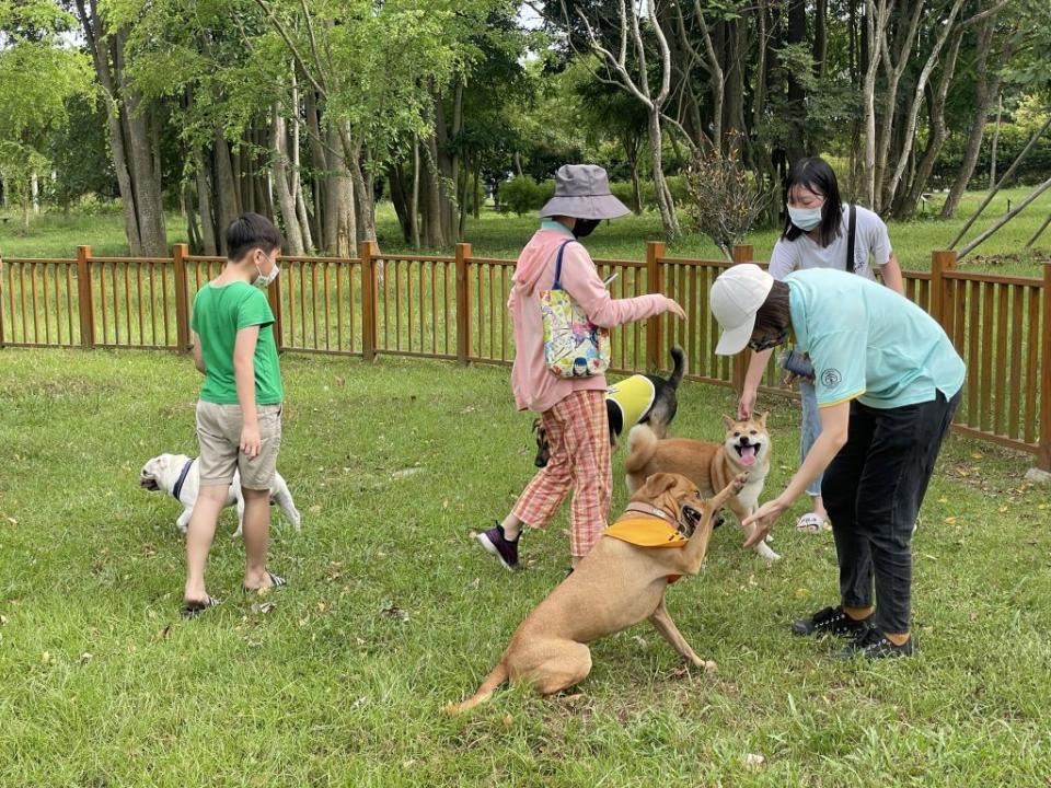 毛小孩與園長道士互動，可獲得專屬徽章，寵物園區成為毛小孩最佳聯誼場。（記者張淑娟攝）