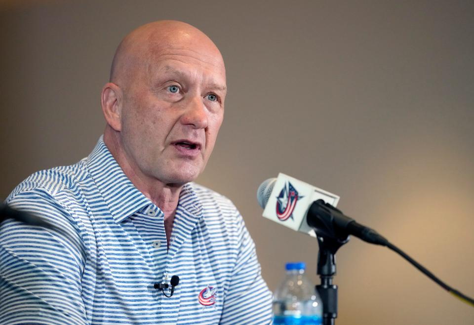 Jul 1, 2023; Columbus, Ohio, United States; Columbus Blue Jackets General Manager Jarmo Kekalainen speaks after hiring Mike Babcock as the new head coach during a press conference at Nationwide Arena. Mandatory Credit: Kyle Robertson-The Columbus Dispatch