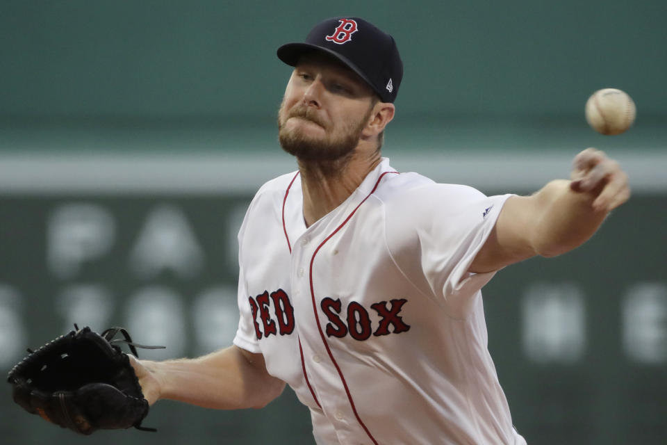 Boston Red Sox starting pitcher Chris Sale delivers to the Los Angeles Angels during the first inning of a baseball game at Fenway Park, Thursday, Aug. 8, 2019, in Boston. (AP Photo/Elise Amendola)