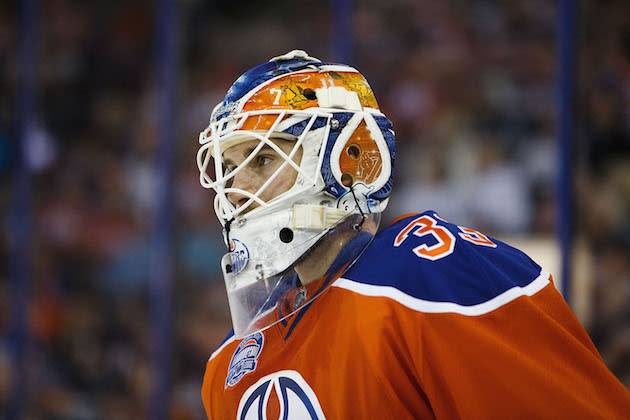 EDMONTON, AB - APRIL 6: Goaltender Cam Talbot of the Edmonton Oilers skates against the Vancouver Canucks on April 6, 2016 at Rexall Place in Edmonton, Alberta, Canada. The game is the final game the Oilers will play at Rexall Place before moving to Rogers Place next season. (Photo by Codie McLachlan/Getty Images)