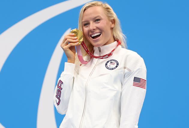 Gold medalist Jessica Long, shown here celebrating during the medal ceremony for the women's 100-meter butterfly at the Tokyo 2020 Paralympic Games, has been a mentor to Truwit.