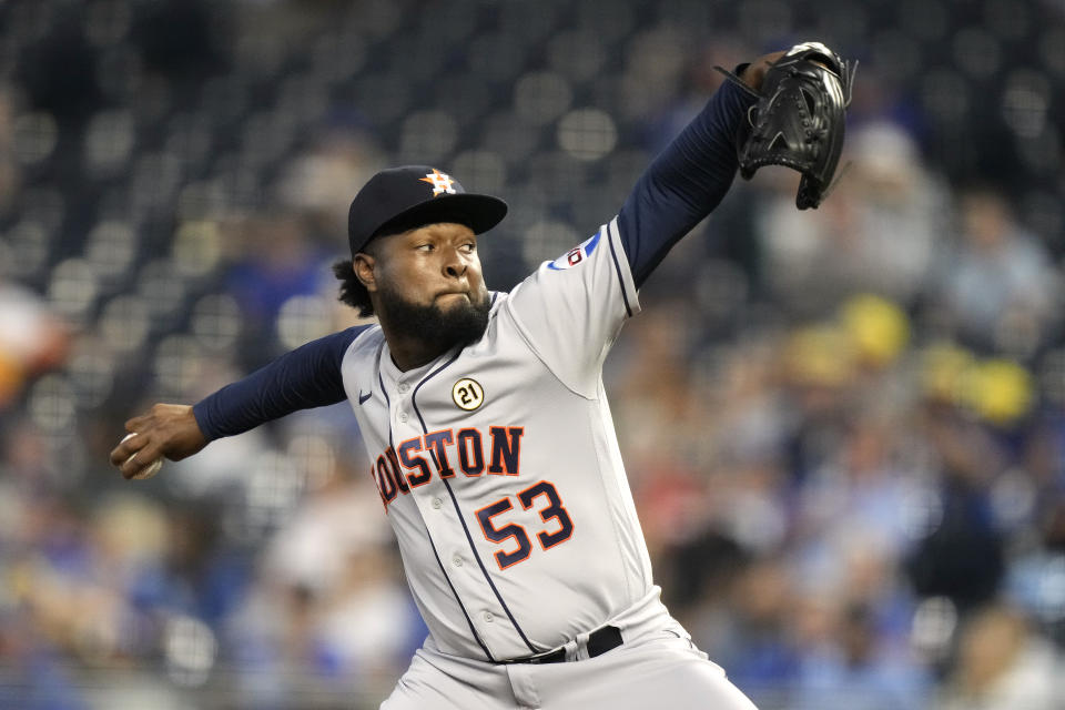 Houston Astros starting pitcher Cristian Javier throws during the first inning of a baseball game against the Kansas City Royals Friday, Sept. 15, 2023, in Kansas City, Mo. (AP Photo/Charlie Riedel)