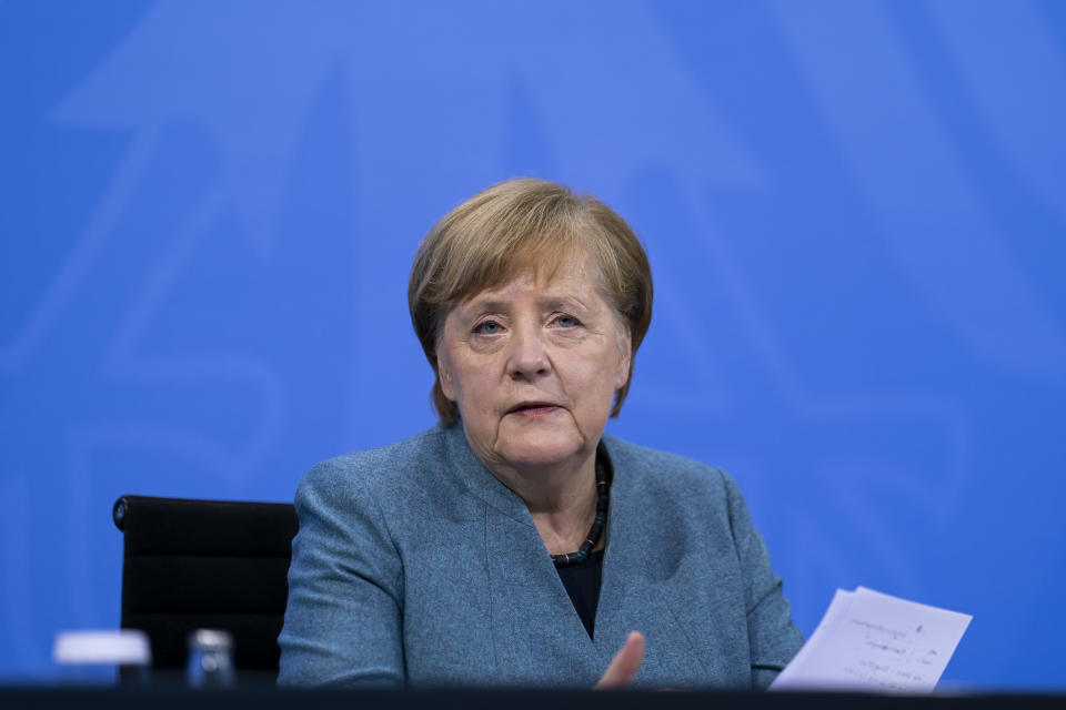 BERLIN, GERMANY - FEBRUARY 01: German Chancellor Angela Merkel speaks to the media following a video summit between government and pharmaceutical representatives over the current vaccines shortage during the second wave of the coronavirus pandemic on February 1, 2021 in Berlin, Germany. Announced reductions in deliveries of the Pfizer/BioNTech, Moderna and Astra-Zeneca vaccines against COVID-19 have hampered vaccinations across Germany and led to a bitter feud between government entities and vaccine manufacturers over assigning blame. (Photo by Henning Schacht - Pool/Getty Images)