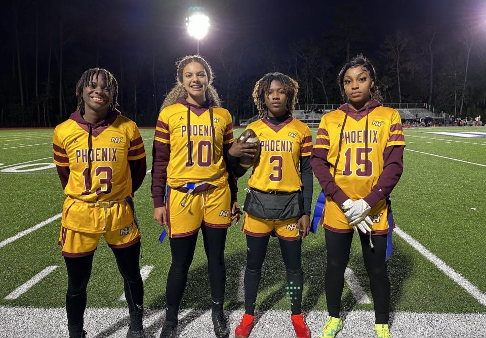 From left to right: New Hampstead flag football team members Promise Cooper, Gianna Brown, A'Kera Jackson and Taliyah Headman.