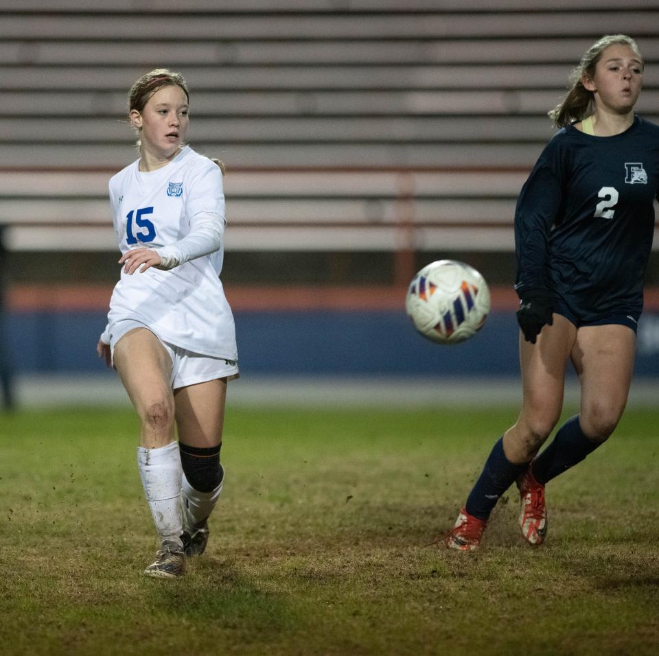 Ruth Oaks (15) passes the ball during the Booker T. Washington vs Escambia girls soccer game at Escambia High School in Pensacola on Friday, Jan. 6, 2023.