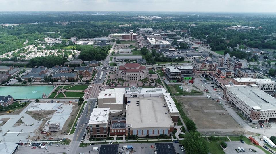 An aerial view of Carmel City Center, the Palladium and the Monon Greenway in July 2019.