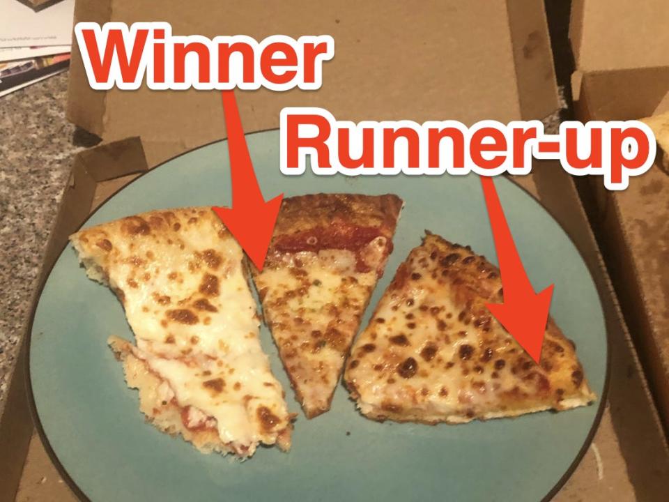 Slices of pizza on a blue plate with "Winner" text and red arrow pointing to middle slice and "Runner-up" text pointing to slice on red