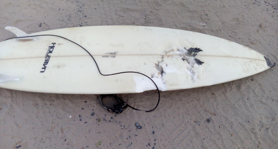 A surfboard with what appears to be a bite mark in it. 