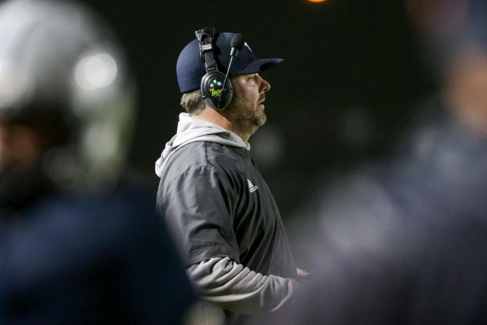 Central Catholic head coach Brian Nay during the second quarter of an IHSAA football game, Friday, Oct. 22, 2021 in Lafayette.