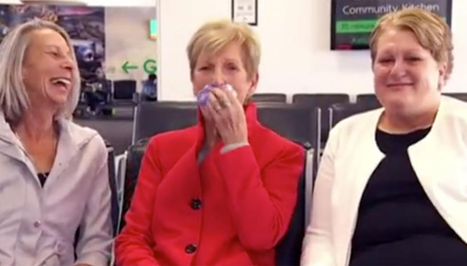 Maree Heenan (centre) suffered a stroke on a Jetstar flight from Hawaii. She was in tears as she thanked those who helped her. Source: Sunrise