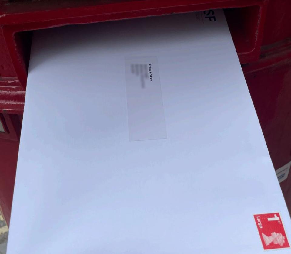 Pictures have surfaced showing a large white envelope addressed to the duke being put into a Royal Mail postbox (Boies Schiller Flexner/HANDOUT)