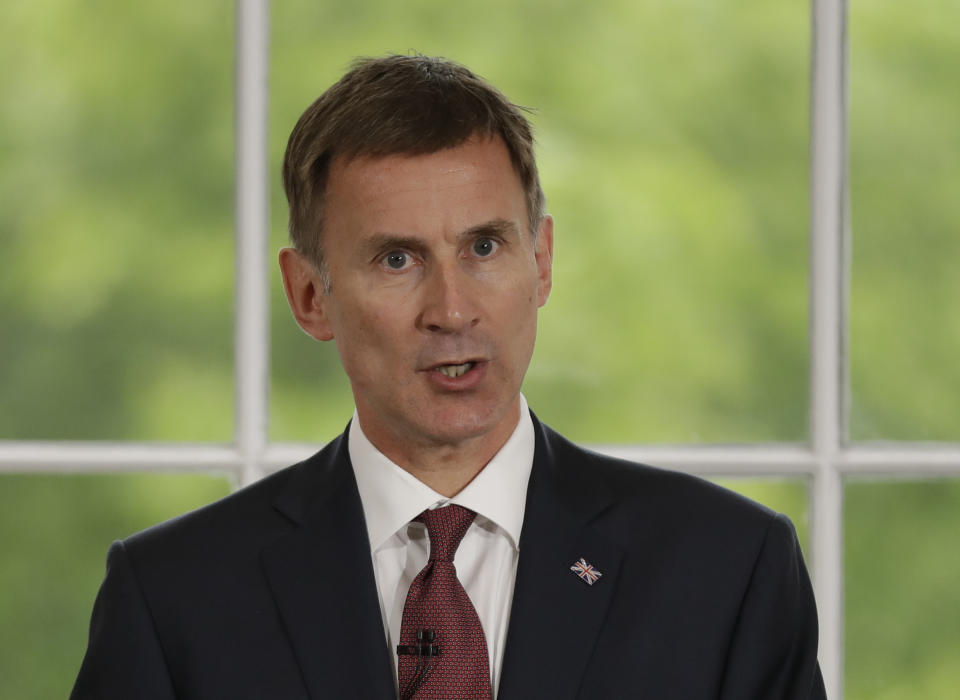 Britain's Foreign Secretary Jeremy Hunt launches his leadership campaign for the Conservative Party in London, Monday June 10, 2019. British Prime Minister Theresa May stepped down Friday as Conservative Party leader after failing to secure Parliament's backing for her European Union withdrawal deal. (AP Photo/Matt Dunham)