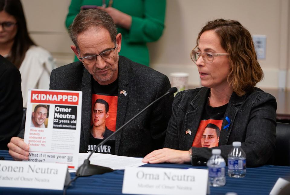 Ronen and Orna Neutra during a November public roundtable discussion with family members of individuals being held hostage by Hamas at the House Subcommittee on the Middle East, North Africa, and Central Asia.