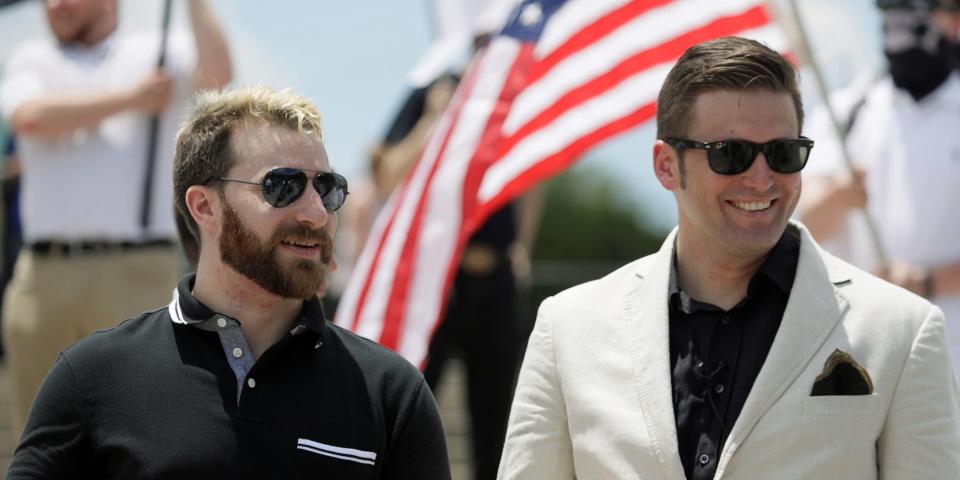 Left: Athime Gionet, also known as Baked Alaska, stands with white nationalist Richard Spencer (right) in June 2017.