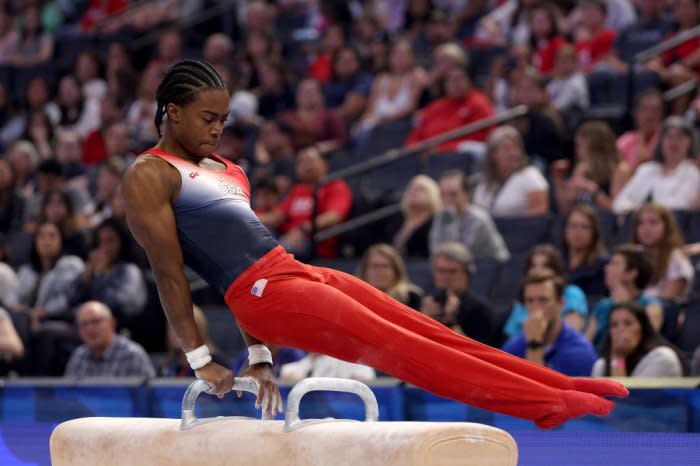 Khoi Young competes on the pommel horse during the Trials.<span class="copyright">Elsa—Getty Images</span>