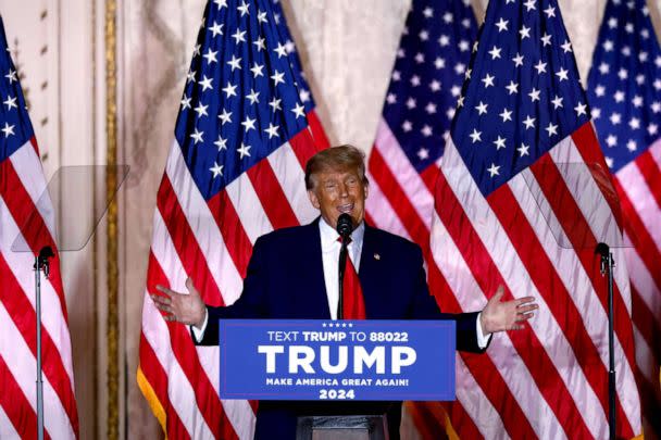 PHOTO: Former President Donald Trump speaks at the Mar-a-Lago Club in Palm Beach, Fla., Nov. 15, 2022.  (Alon Skuy/AFP via Getty Images)