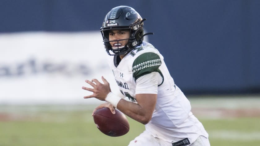 Hawaii quarterback Chevan Cordeiro during an NCAA football game against San Diego State on Saturday, Nov. 14, 2020 in Carson, Calif. (AP Photo/Kyusung Gong)