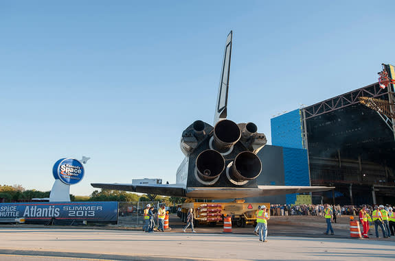 Space shuttle Atlantis arrives at NASA's Kennedy Space Center Visitor Complex in Florida, Friday, Nov. 2, 2012, where it will go on display. <span> See collectSPACE.com for more photos.</span>