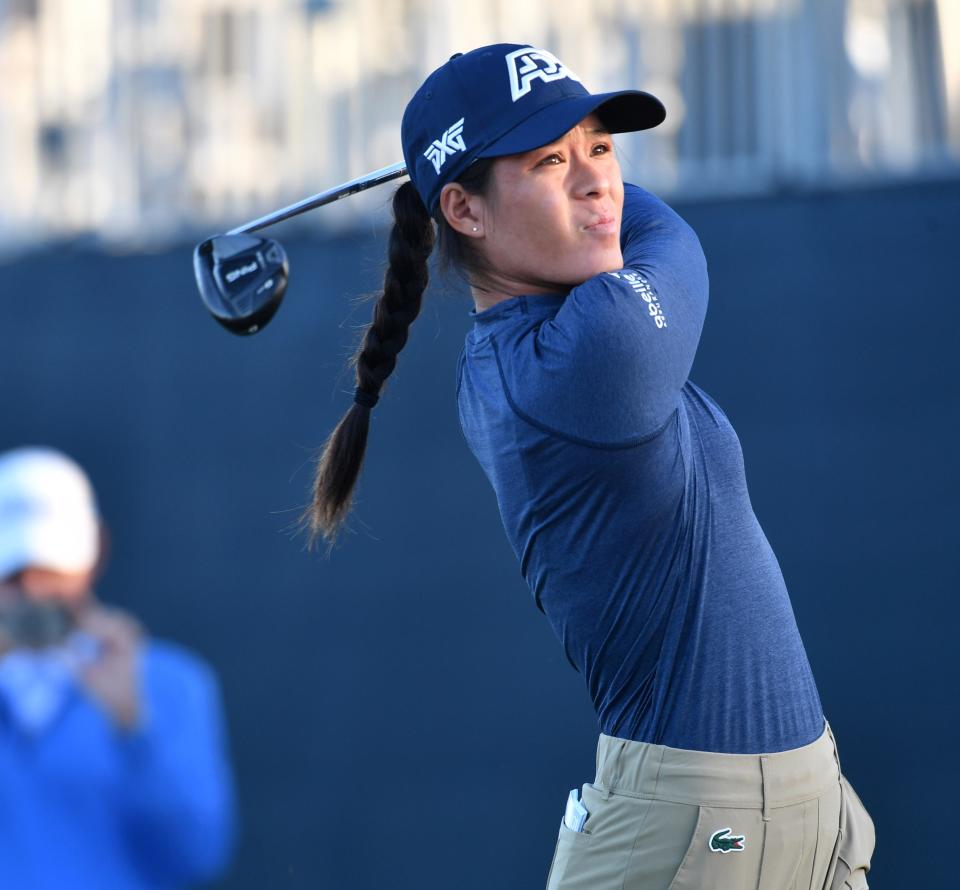Celine Boutier, from Montrouge, France, tees off on the first hole Thursday, Jan. 25, 2024 at the LPGA Drive On Championship at the Bradenton Country Club in Bradenton, Florida.