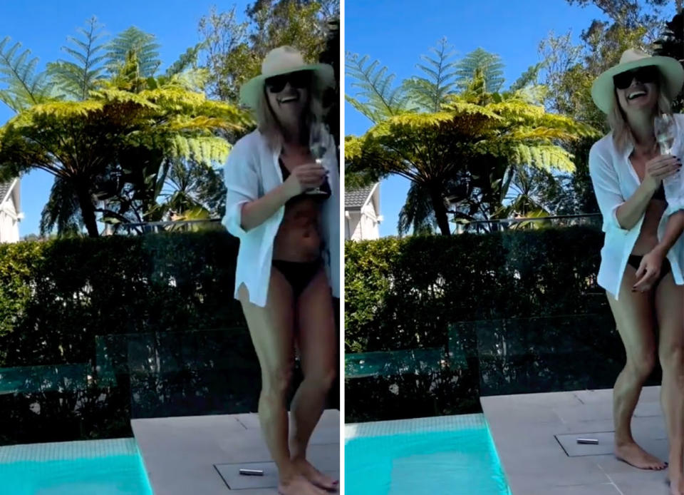 Two photos of Sonia Kruger standing by a pool, holding a glass of wine in a black bikini and white shirt, black sunglasses and a wide brimmed hat