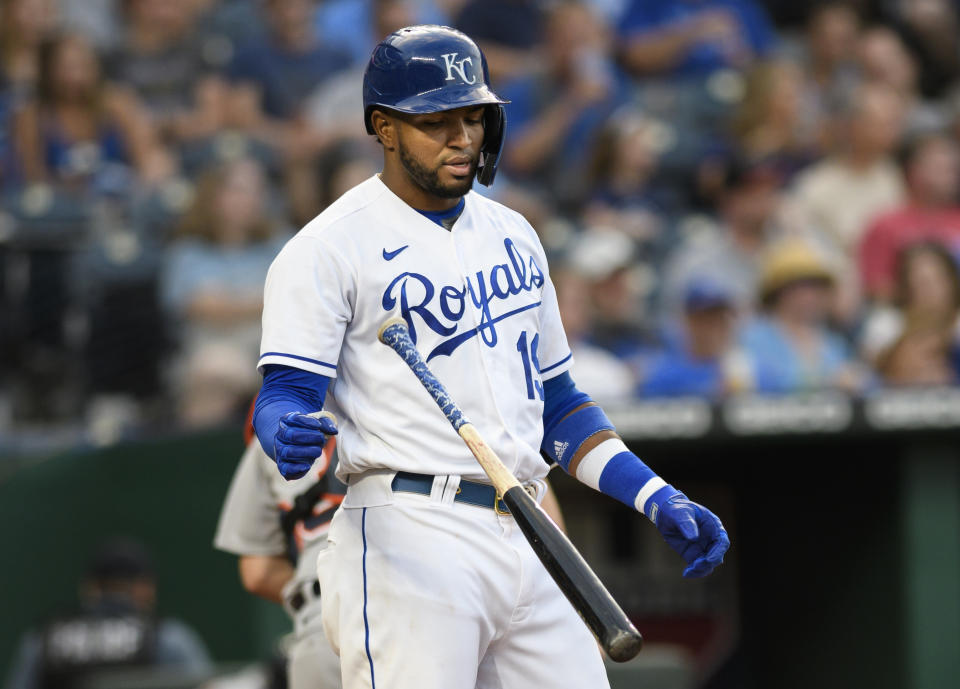 Kansas City Royals' Kelvin Gutierrez tosses his bat after striking out against the Detroit Tigers during the third inning of a baseball game in Kansas City, Mo., Tuesday, June 15, 2021. (AP Photo/Reed Hoffmann)