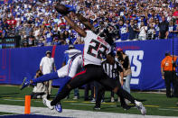 Atlanta Falcons cornerback Fabian Moreau (22) breaks up a pass to New York Giants wide receiver Kenny Golladay (19) in the end zone during the second half of an NFL football game, Sunday, Sept. 26, 2021, in East Rutherford, N.J. (AP Photo/Seth Wenig)